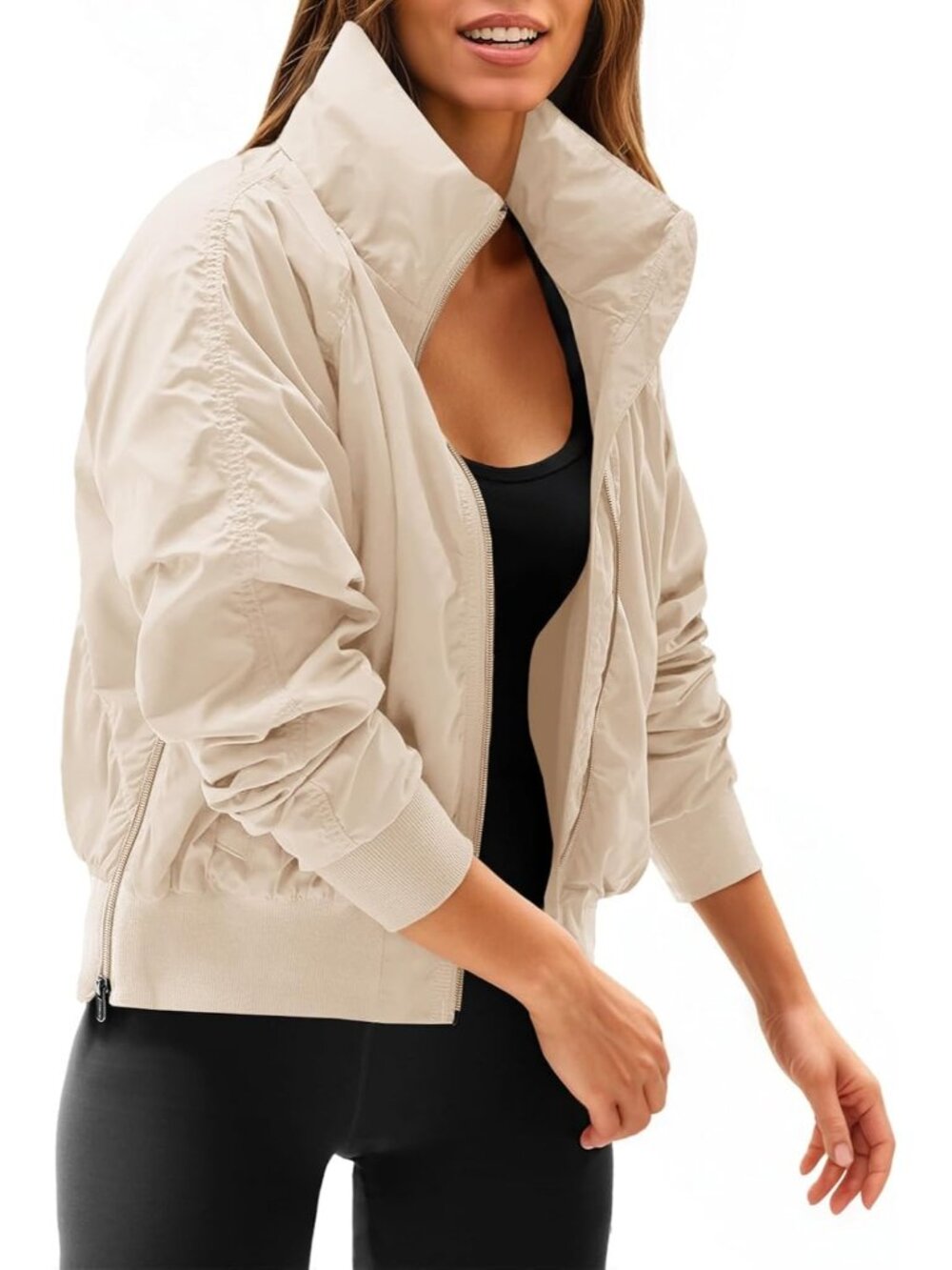 Women Apricot Polyester Hidden Hooded Long Sleeve Zip Up Pocket Bomber Jacket